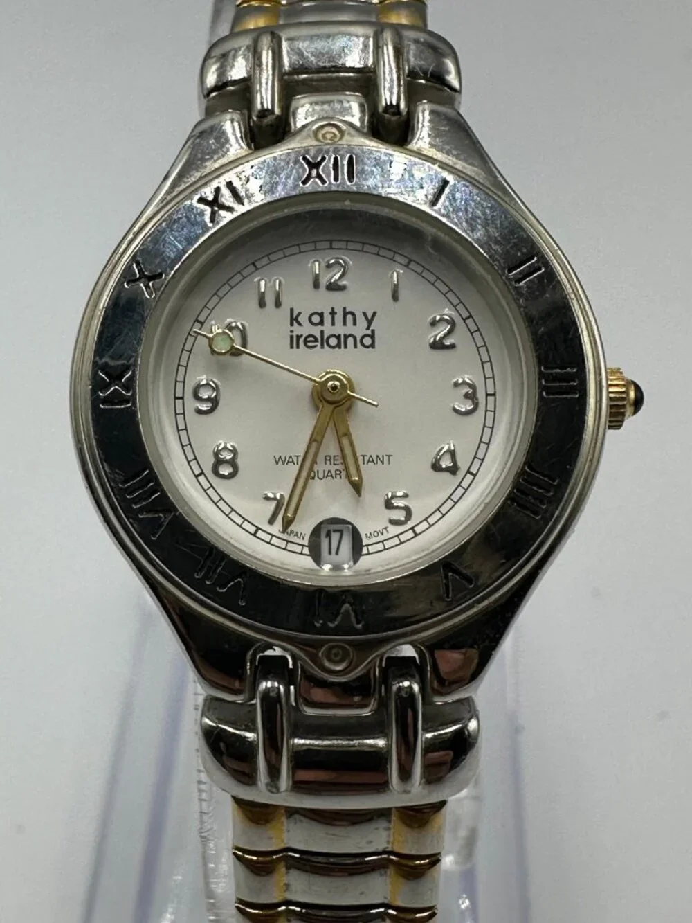 3/$30 Kathy Ireland Watch Women Silver Gold Two Tone Date Stretch Band 6.75